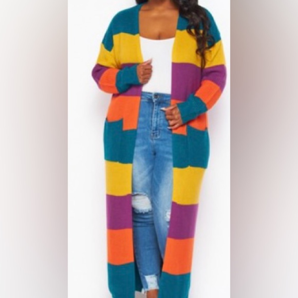 Maxi Cardigan Open Front Wide Stripe Yellow Purple Teal Color Block 1x 2x 3x